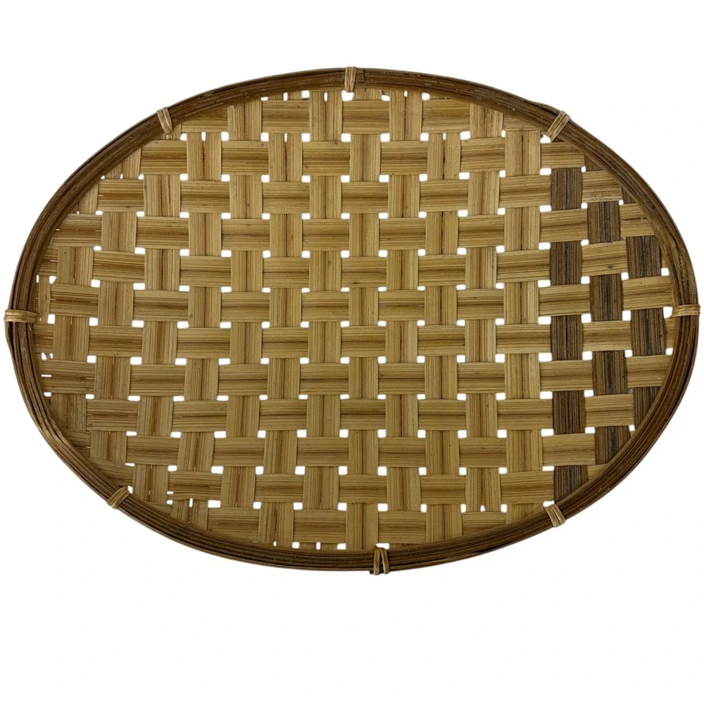 Vintage Handwoven Bamboo Rattan Oval Decorative Tray Boho Farmhouse Wall Decor
